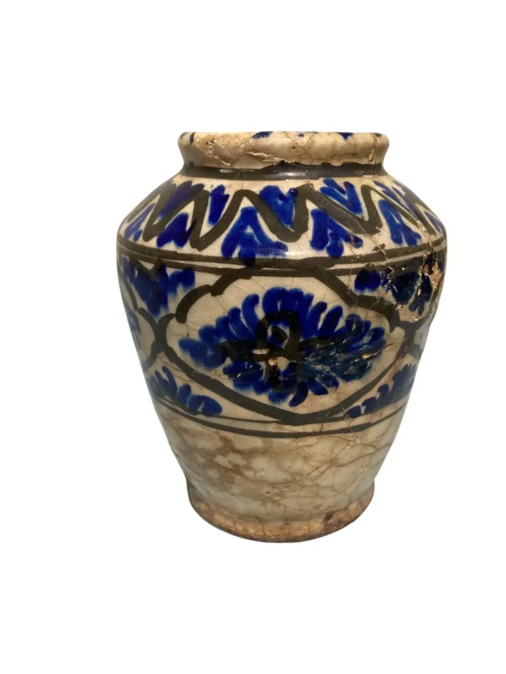 Antique 18th Century Persian Safavid Blue And White Pottery Vase
